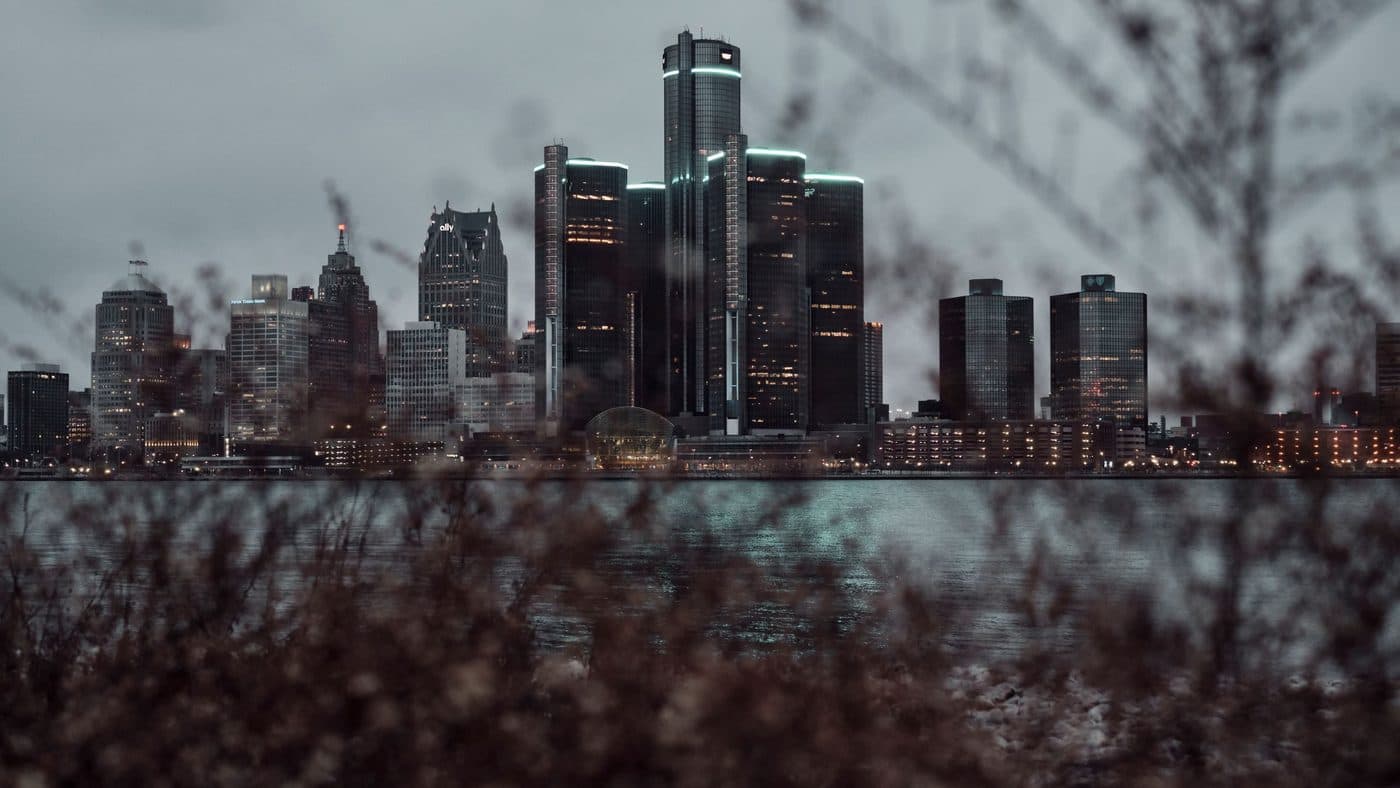 The Detroit skyline at dusk across the river